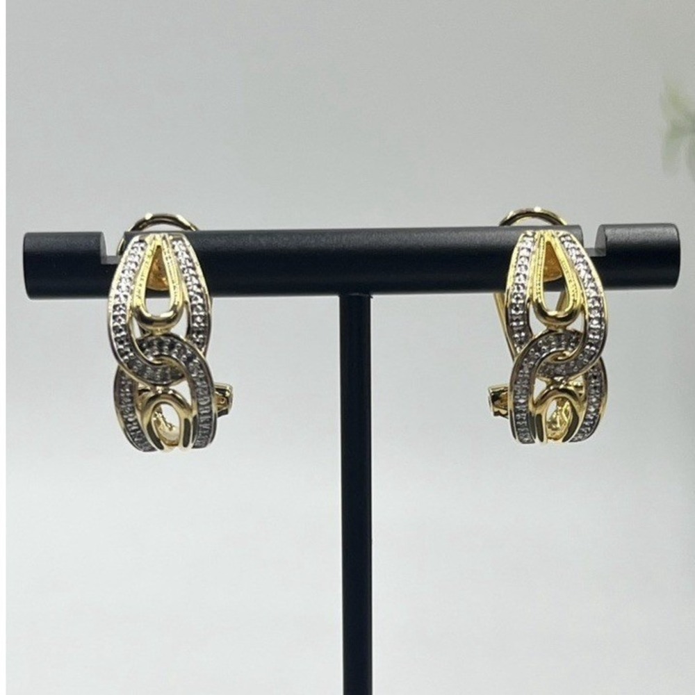 Br Sun Signed Sterling Silver Vermeil Diamond Chip Omega Back Hoop Earrings
